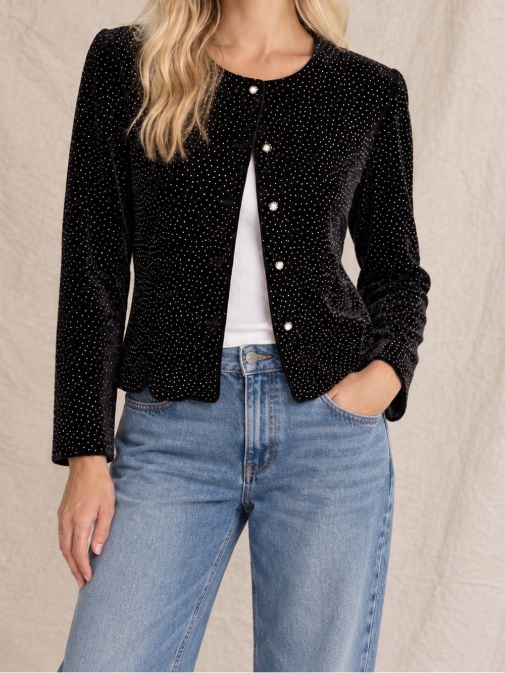 Vintage 90s Ronnie Nicole Black Velvet Rhinestone Cardigan Top Size M